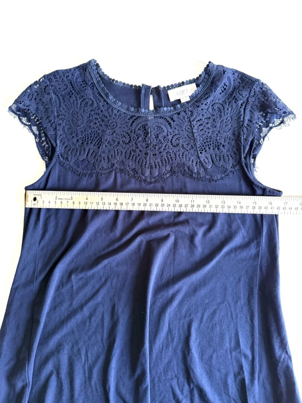 LOFT Navy Blue Lace Yoke Cap Sleeve Mini Swing Dress A-Line Crochet Detail Sz S - Picture 13 of 14